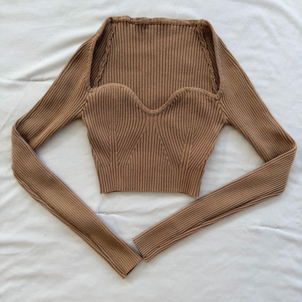 Ribbed Long-Sleeve Crop Top in Brown